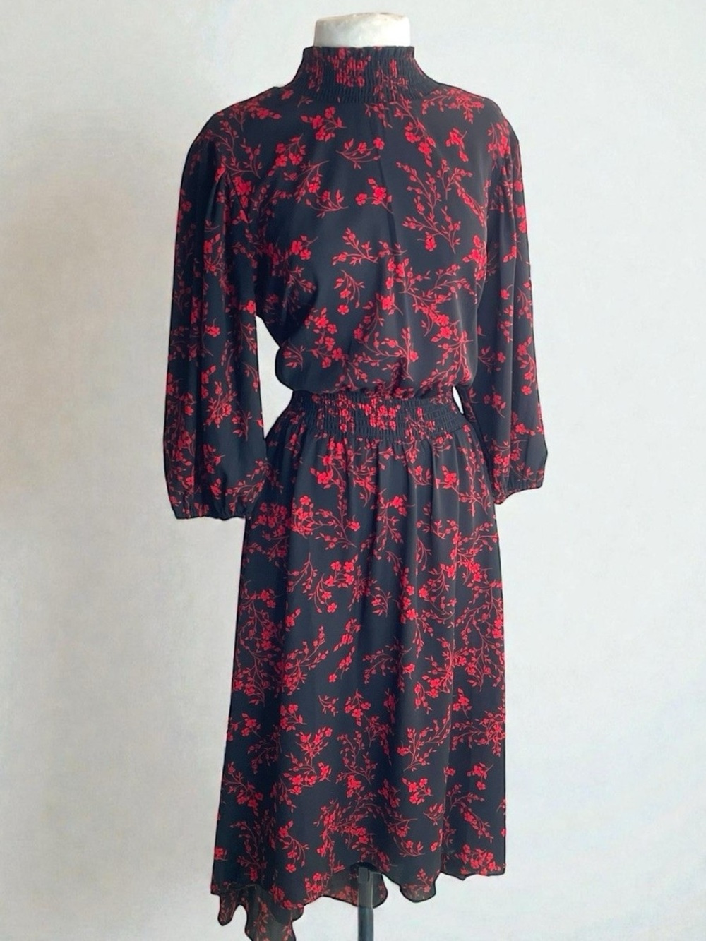 EUC Nanette Lepore Black Midi Dress with Red Floral Print size 10
